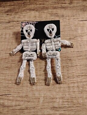 White Beaded Skeleton Drop Earrings for Kids Or Adults Pierced